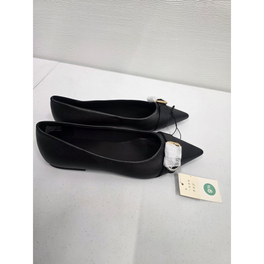 A New Day Womens Pointed Toe Buckle Ballet Flats Black Slip On Shoes 9.5